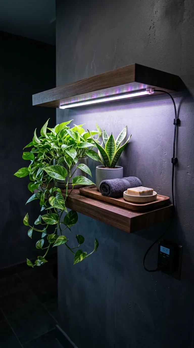 Full-spectrum LED grow strip lighting plants on a shelf in a windowless bathroom