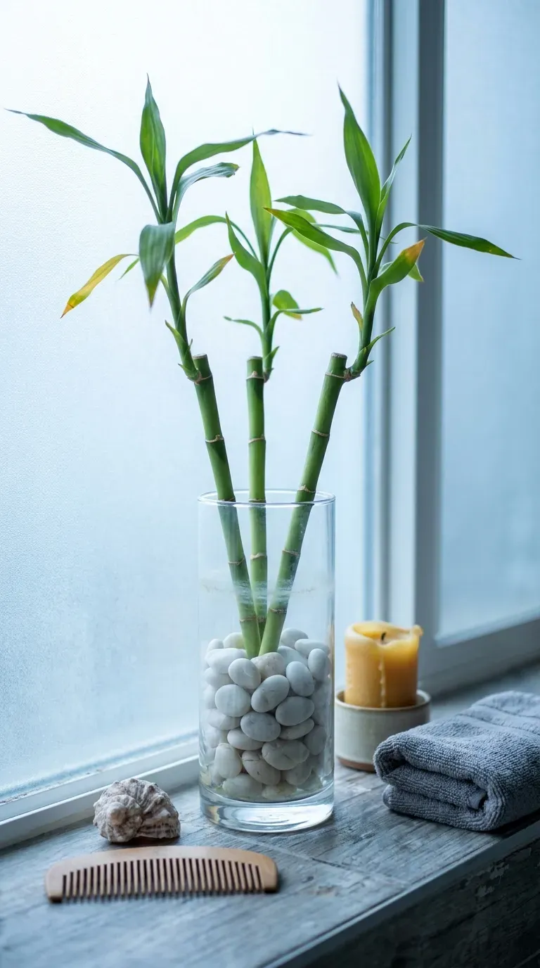 Lucky bamboo stalks in a clear glass vase with white pebbles on a bathroom windowsill