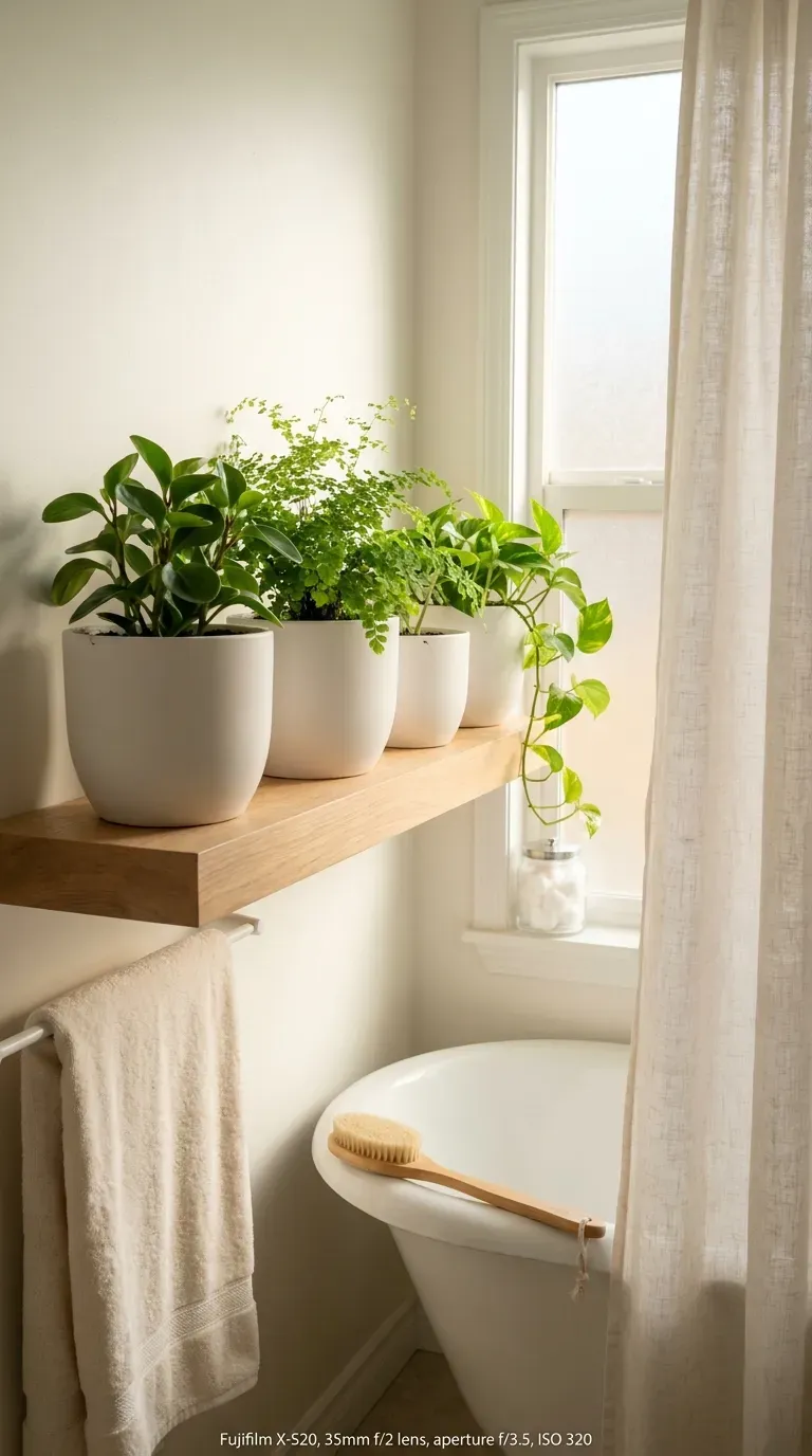 Three matching white ceramic pots with different plants on a bathroom shelf