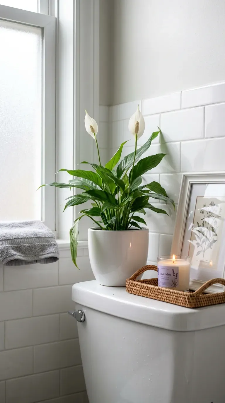 Peace lily with white blooms on a toilet tank in a bright white bathroom