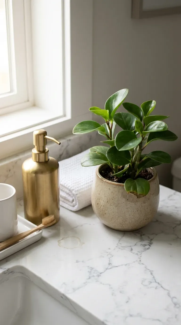 Compact baby rubber plant peperomia on a bathroom vanity counter beside a soap dish