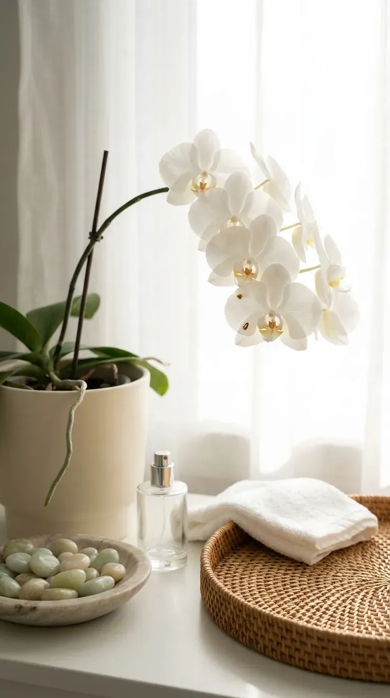 White phalaenopsis orchid in a ceramic pot on a bright bathroom windowsill