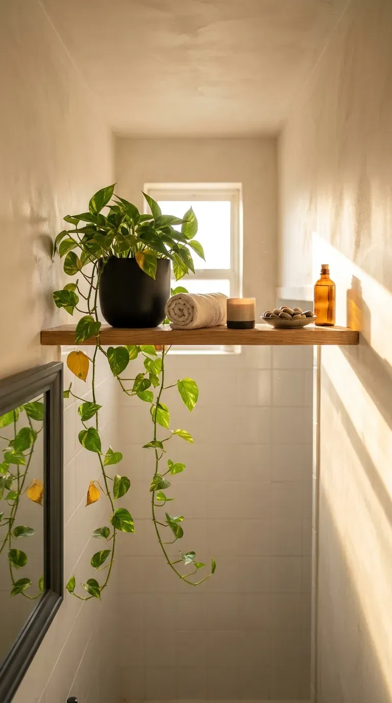 Golden pothos trailing from a high oak floating shelf in a narrow bathroom