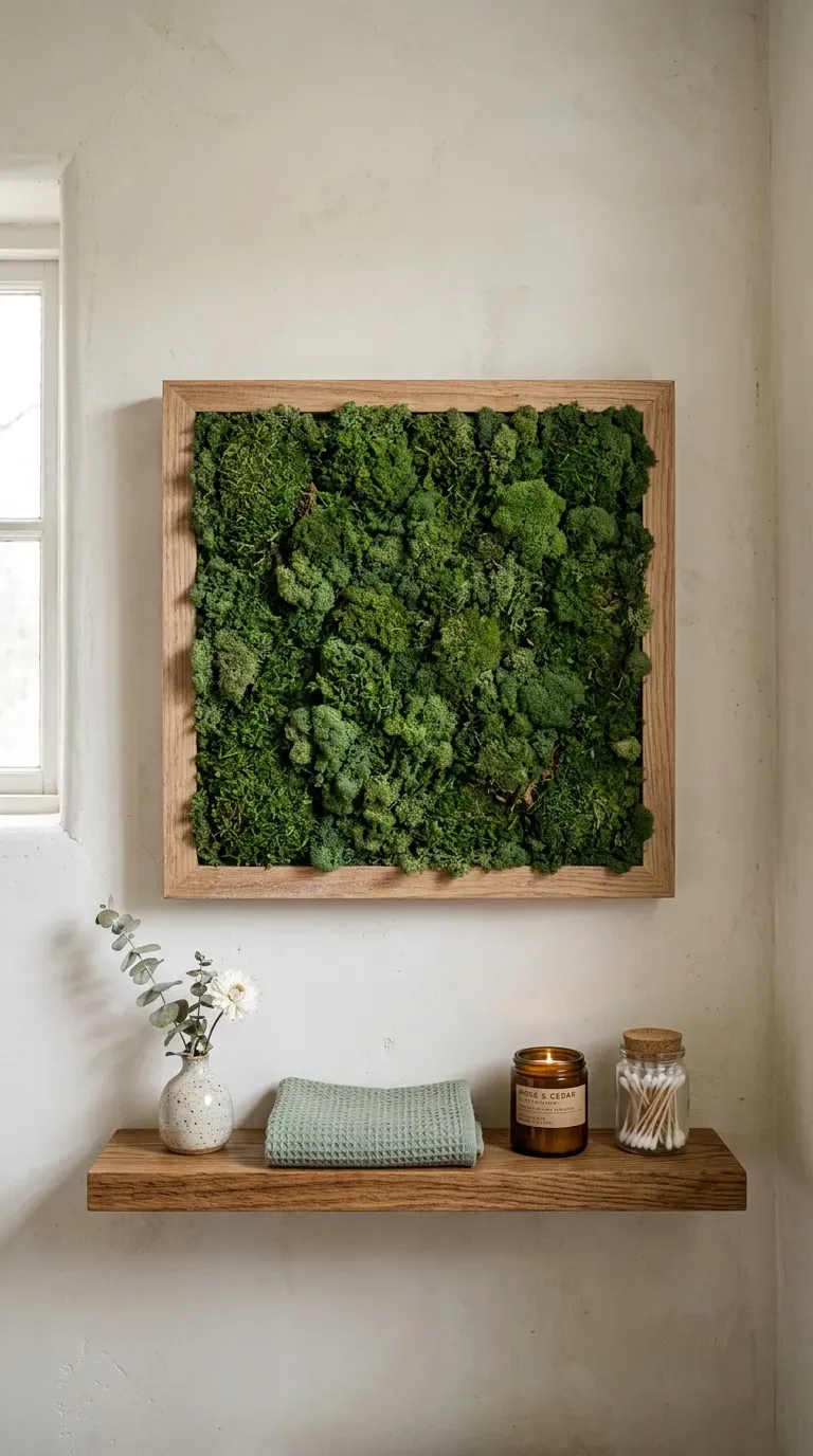 Framed preserved moss art on a bathroom wall above a small wooden shelf