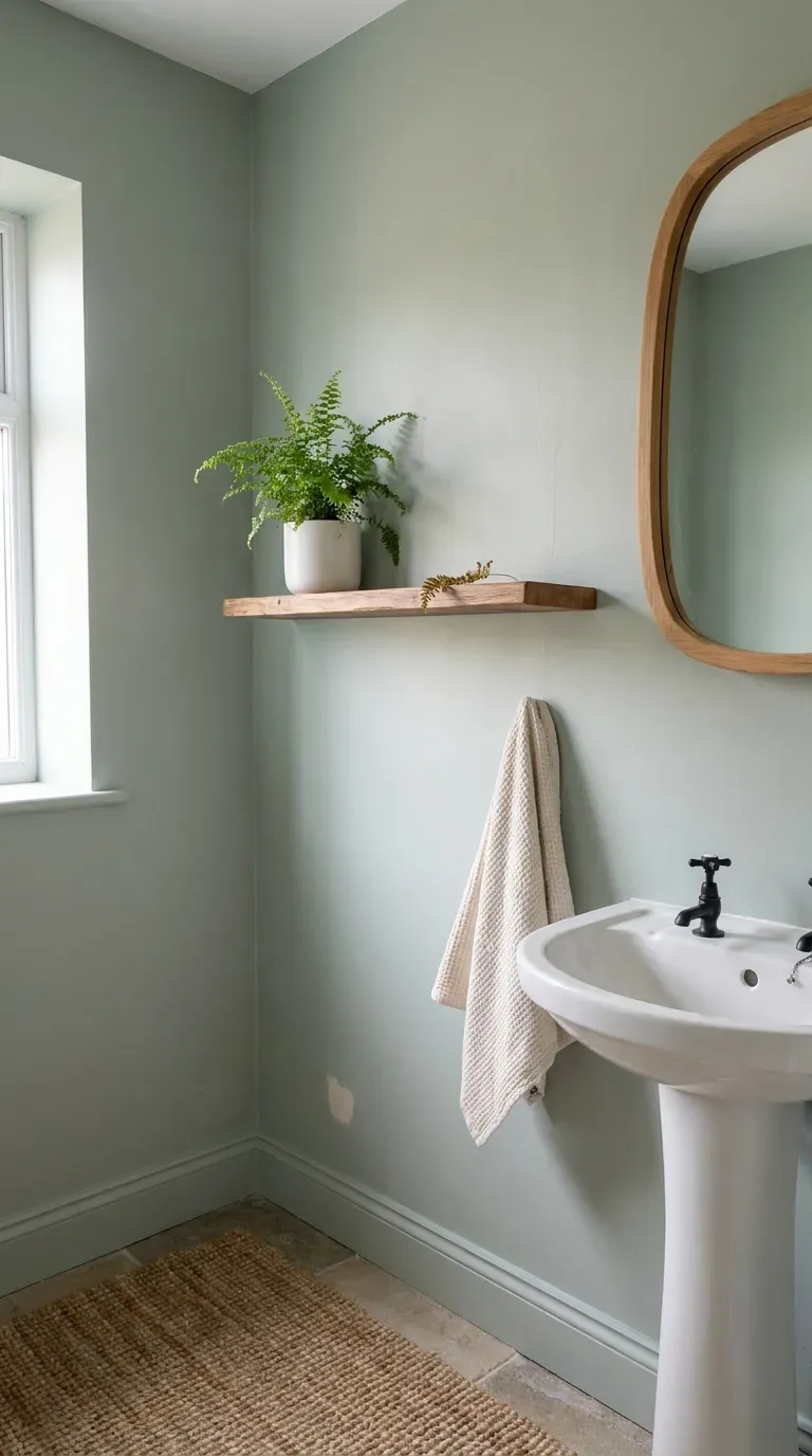 Sage green painted bathroom walls with a white fern pot on a wooden shelf