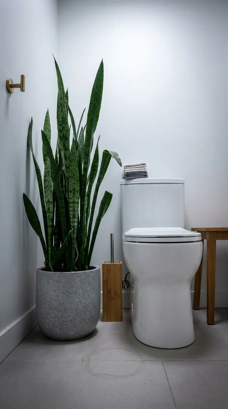 Tall snake plant in a gray ceramic pot beside a toilet in a windowless bathroom