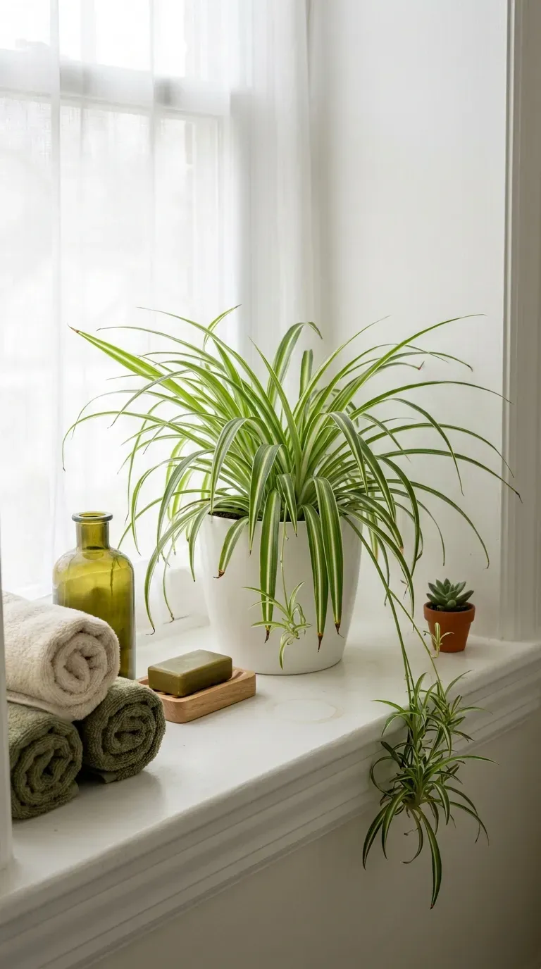 Spider plant with arching leaves on a bathroom windowsill beside a small towel stack