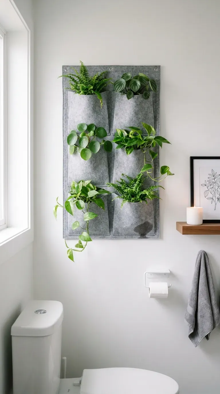 Wall-mounted felt planter with small ferns and pothos above a toilet in a small bathroom
