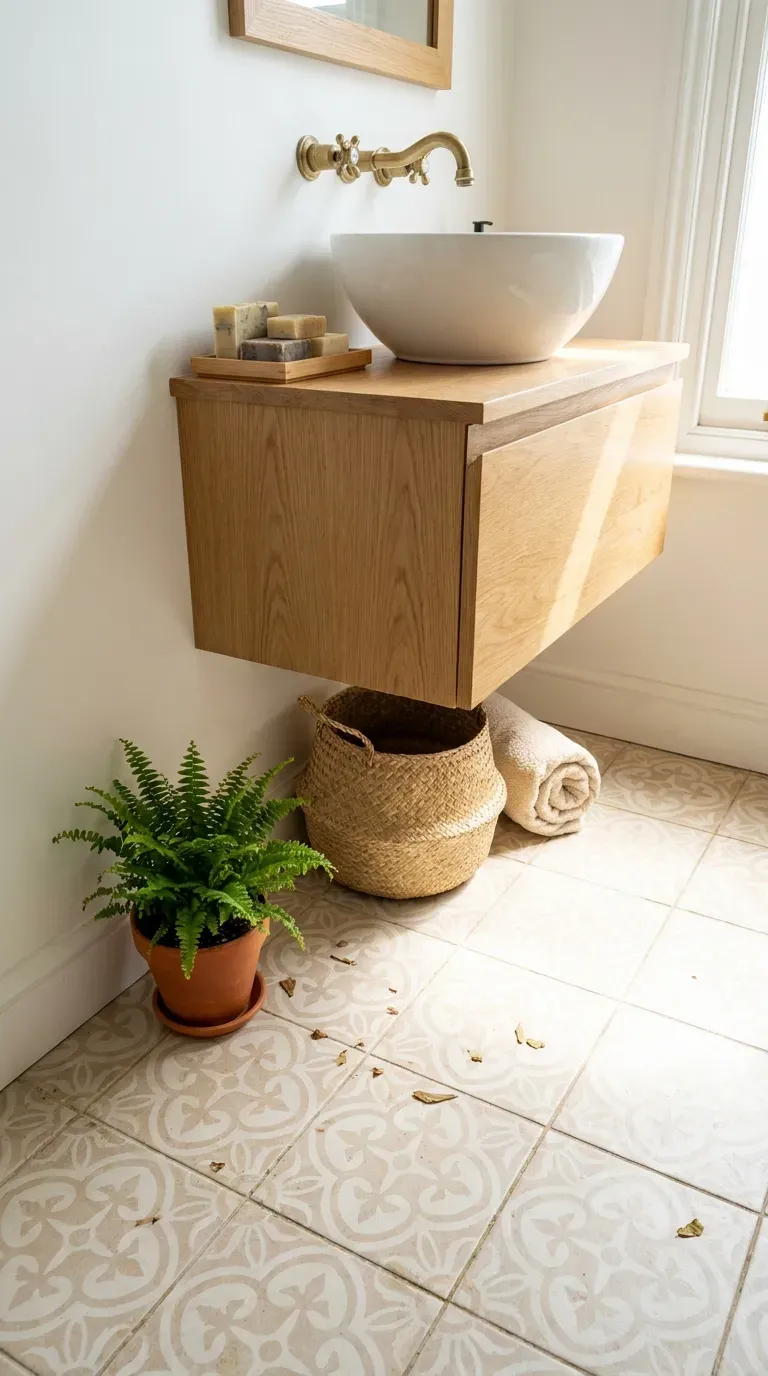 Floating wall-hung vanity in a small bathroom with visible floor and a potted fern nearby