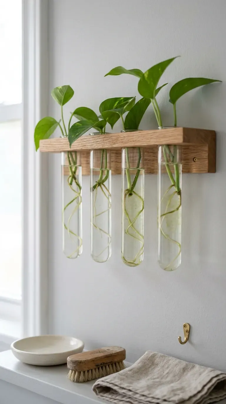 Wall-mounted glass vials holding pothos cuttings with visible white roots in a bathroom
