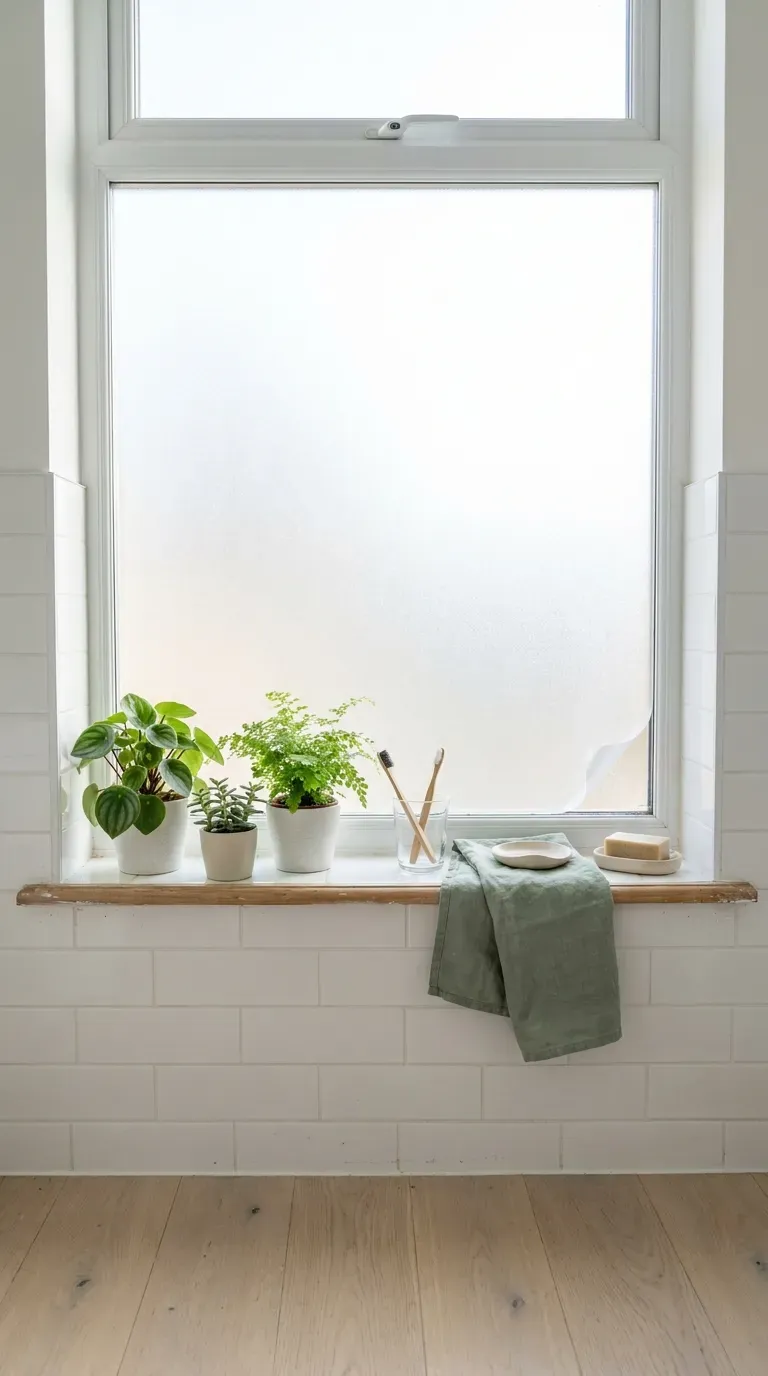 Woven seagrass basket holding a potted fern beside a bathtub in a small bathroom
