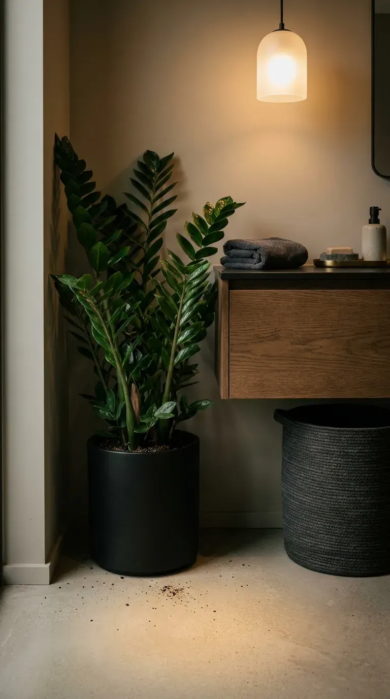 Upright ZZ plant in a matte black pot beside a floating vanity in a small bathroom